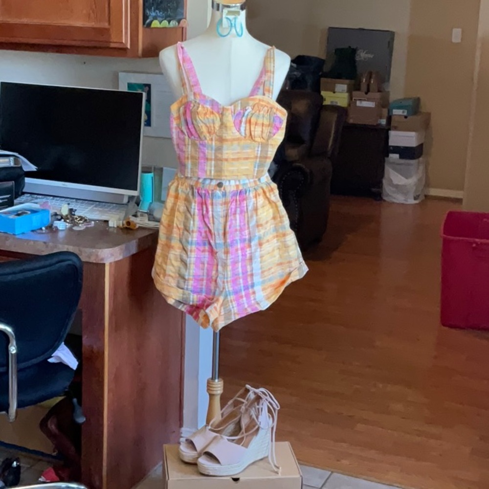 NWOT Free People Pink and Orange Cropped Corset Short Set in Size 4 - Picture 1 of 16